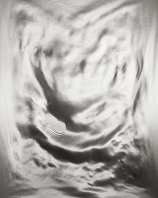 Abstract silver fabric with rippled texture and a small hole, creating a soft, monochromatic, and visually interesting composition.