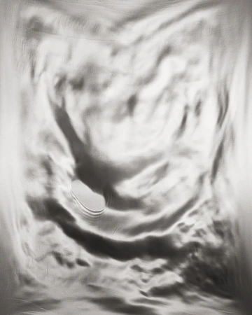 Abstract silver fabric with rippled texture and a small hole, creating a soft, monochromatic, and visually interesting composition.