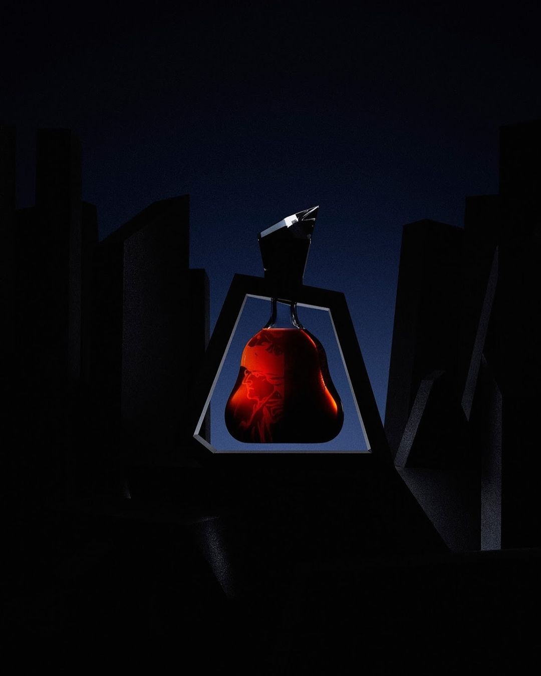 Abstract image showcasing a red bell-shaped object hanging within a black frame against a dark blue background with silhouetted shapes.