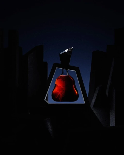 Abstract image showcasing a red bell-shaped object hanging within a black frame against a dark blue background with silhouetted shapes.