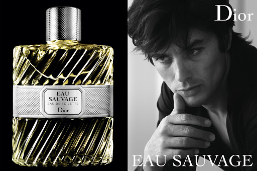 Dior Eau Sauvage fragrance ad: perfume bottle in focus, contrasted with a black and white portrait of a man. Elegant and classic.