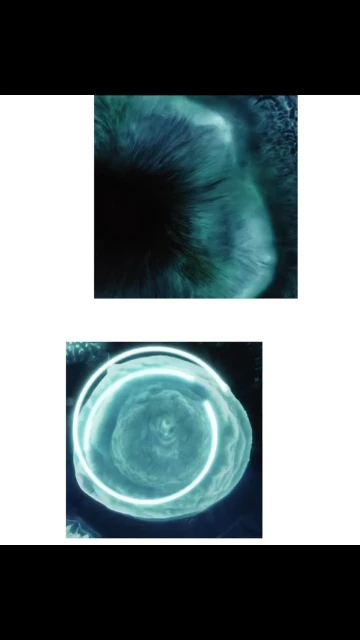 Abstract eye image with light and dark blue colors. Close up of eye, cornea, and pupil and blue light halo.
