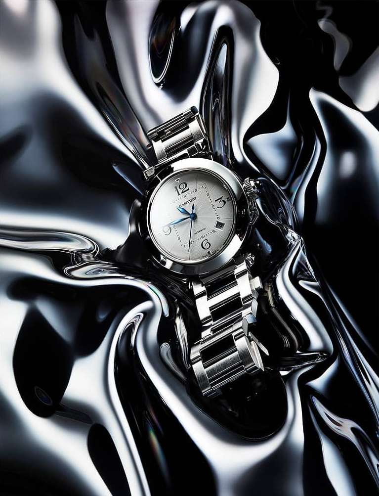 Silver wristwatch with a metal band displayed on a rippled dark metal background with highlights reflecting on the watch and material.