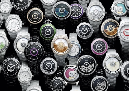 Collection of elegant Dior women's wristwatches with diamond and jewel embellishments in black, white, silver, and gold tones on a dark surface.