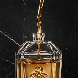 Golden amber liquid pouring into a faceted glass perfume bottle against dark marble