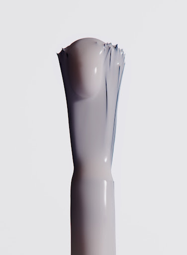 Close-up of a nail polish brush with a light-colored liquid on a bright white background in portrait orientation. Beauty product.