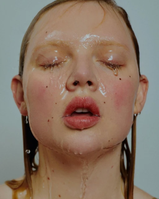 Close-up of a young adult woman's face with eyes closed, water running down her face, and minimalistic makeup in a studio setting.