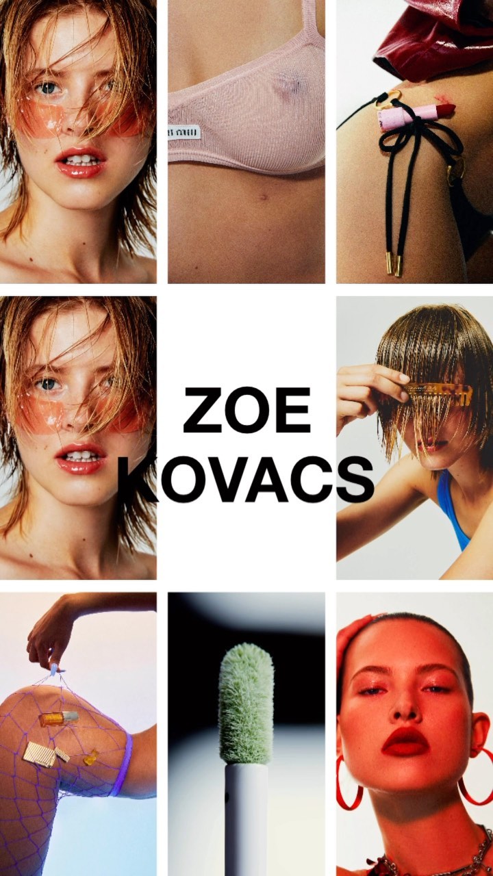 Fashion editorial featuring beauty products. A collage of images with a woman, jewelry, cosmetic applicators and makeup on a white background.