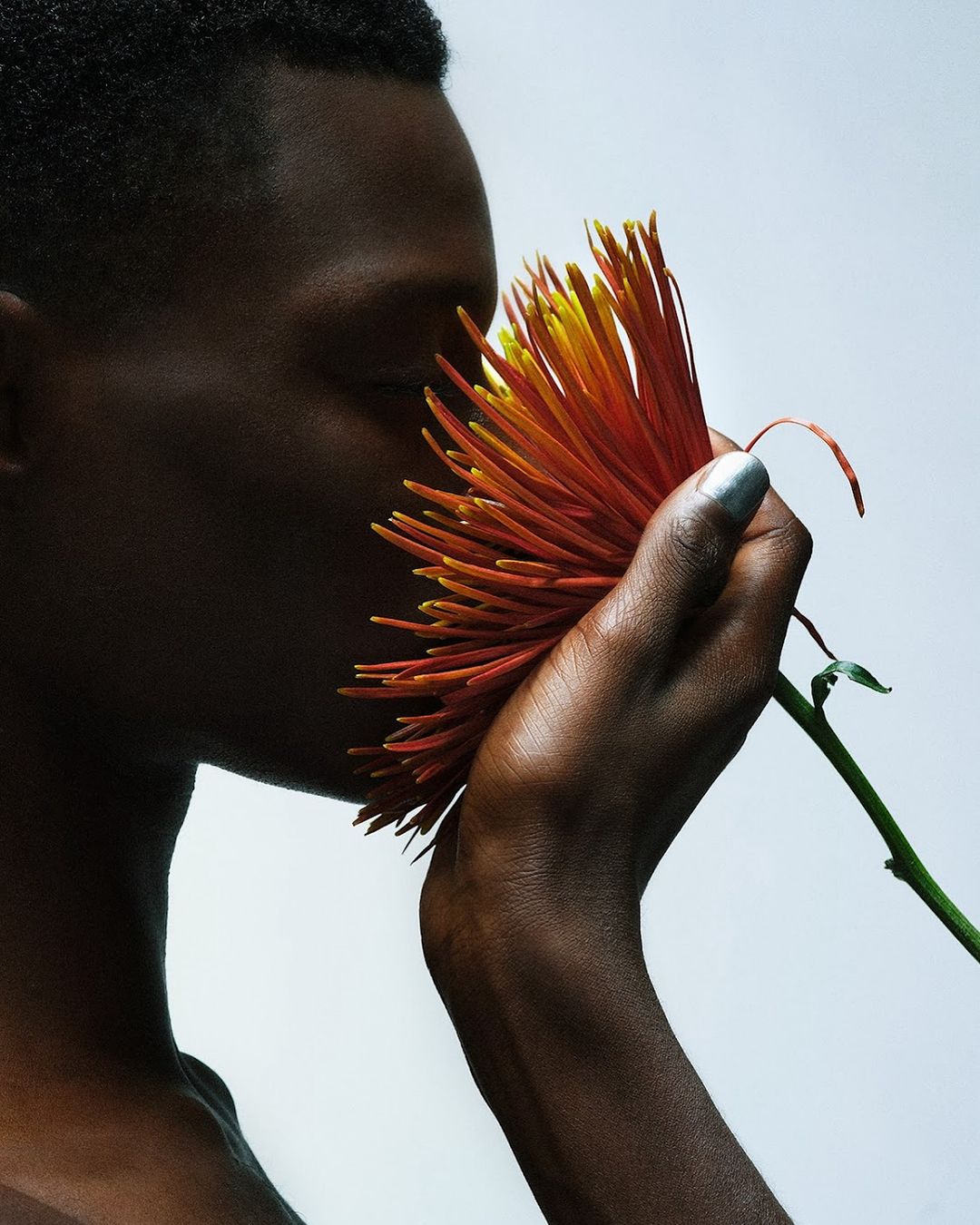 Close-up studio shot of a dark-skinned person holding an orange-yellow spider mum flower against a light gray background with natural light.