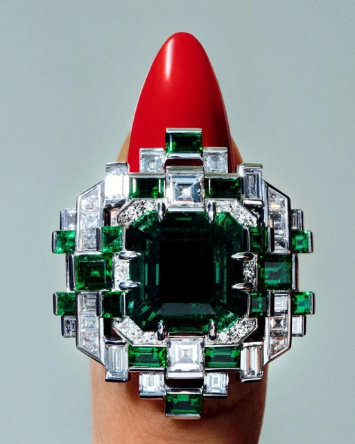 Macro shot of a finger wearing a geometric ring with an emerald surrounded by diamonds, set against a neutral gradient background.