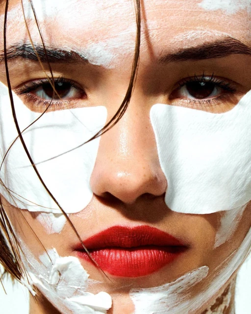 Close-up of a woman's face with a white facial mask and red lipstick, showcasing beauty and skincare in a studio setting.