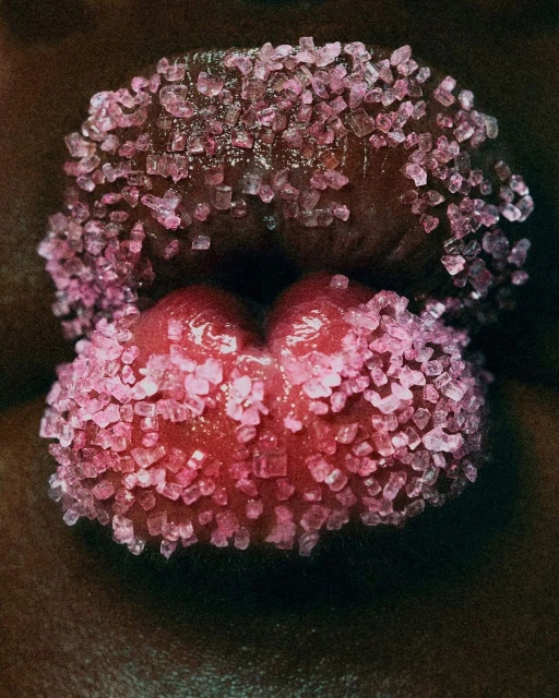 Close-up of a human mouth with dark skin. The lips are covered in pink sugar crystals, creating a textured, sweet, and slightly abstract aesthetic.