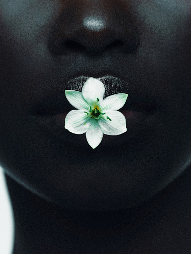Close-up of a dark-skinned woman with a white flower held between her lips, set against a neutral background in soft, diffused lighting.