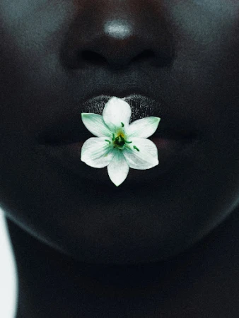 Close-up of a dark-skinned woman with a white flower held between her lips, set against a neutral background in soft, diffused lighting.