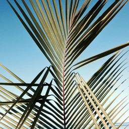 Close-up of green palm frond leaves framing a bright blue sky backdrop.