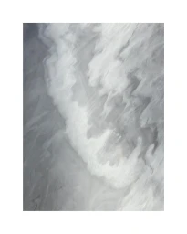 Abstract digital artwork featuring fluid white and grey swirling patterns resembling water or clouds with a white border