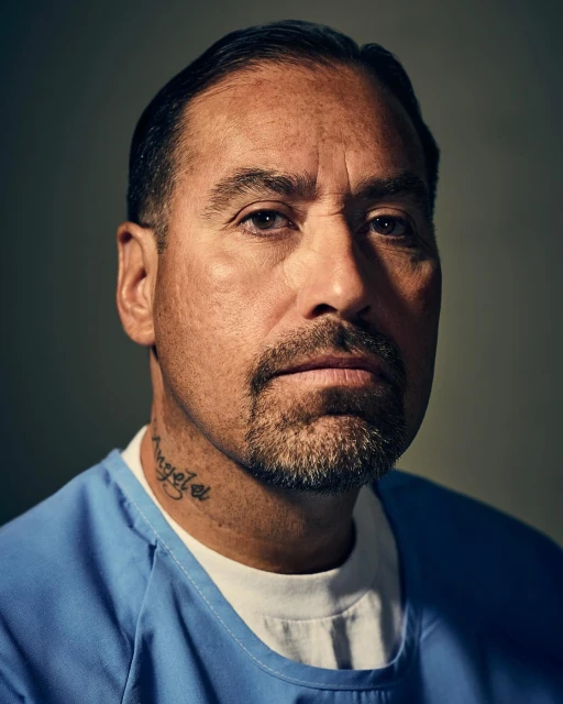 Close-up portrait of a man with a goatee wearing a blue scrub top, facing forward with a serious expression, and a gray background.