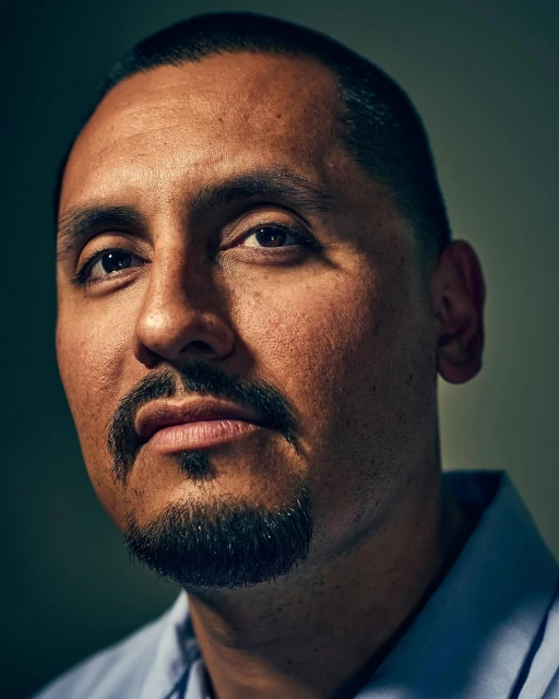 Close-up portrait of a middle-aged Hispanic man with a goatee wearing a blue button-down shirt against a dark, neutral background.