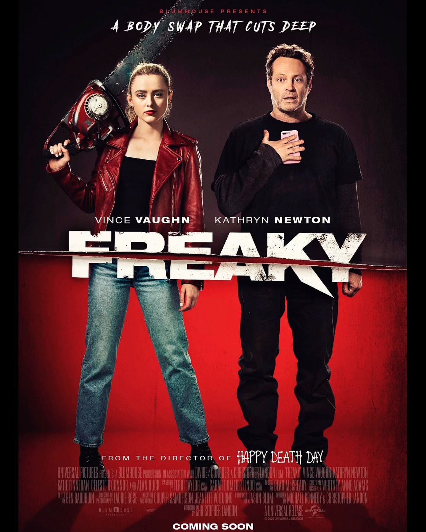 Movie poster for 'Freaky' features Kathryn Newton with a chainsaw and Vince Vaughn, set against a red background with the movie title.