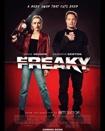 Movie poster for 'Freaky' features Kathryn Newton with a chainsaw and Vince Vaughn, set against a red background with the movie title.