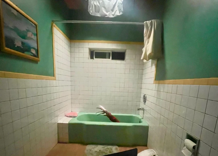 A creepy arm with bladed fingers emerges from a vintage green bathtub inside a tiled bathroom featuring green walls and dim lighting.