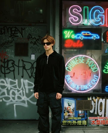 A young adult stands in front of a neon-signed Chinese food restaurant. The man is wearing a dark outfit and sunglasses, posing casually.