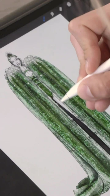 Fashion illustration on a digital tablet: hand drawing a woman's dress with a stylus in green and black, with white background.