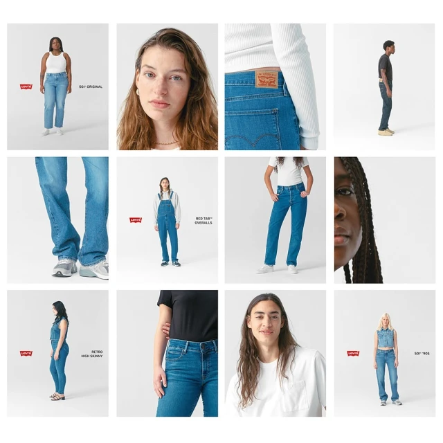 Collage of people in denim clothing by Levi's on a white background, showcasing various styles like jeans and overalls.