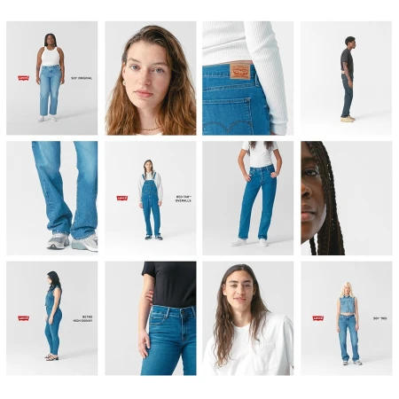Collage of people in denim clothing by Levi's on a white background, showcasing various styles like jeans and overalls.