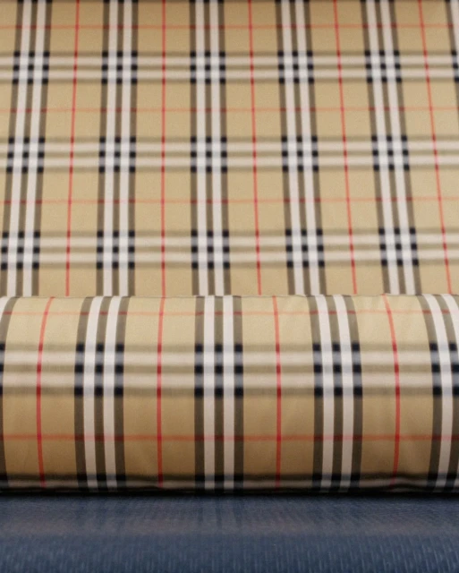 Close-up of a Burberry pattern fabric roll featuring tan, white, black, and red stripes forming a classic plaid design on a textured surface.