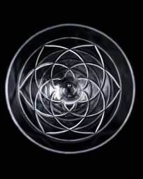 Top-down view inside a crystal glass featuring an intricate geometric cut pattern against a dark background.