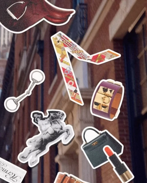 Collage of fashion accessories and horse imagery with a building facade background, blending digital art and photography.