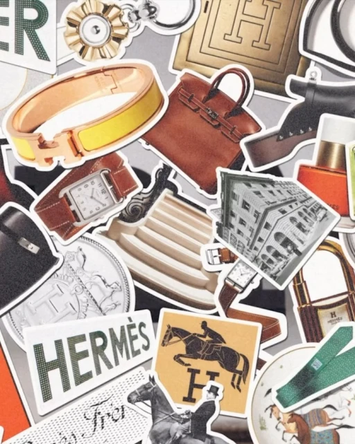 Collage of high-fashion accessories and equestrian imagery, featuring designer handbags, jewelry, and horse-riding scenes, creating luxury.