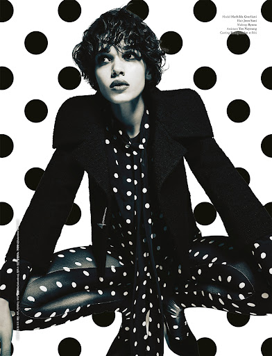 Editorial fashion shot of a young adult in a black coat and polka dot shirt and tights against a black and white polka dot background.