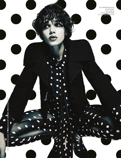 Editorial fashion shot of a young adult in a black coat and polka dot shirt and tights against a black and white polka dot background.