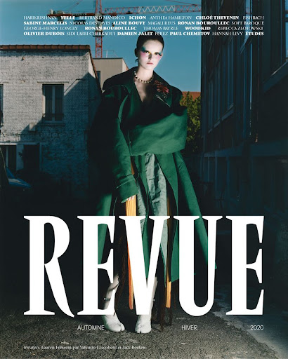 Fashion editorial featuring a model in a green coat and skirt in an urban setting, against a backdrop of buildings, with a magazine cover.