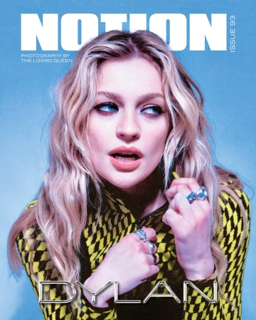 Magazine cover featuring Dylan in a patterned jacket against a light blue background with Notion and Dylan printed in white and silver.