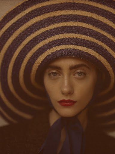Portrait of a woman wearing a large striped sunhat and red lipstick styled by Anna Katsanis.