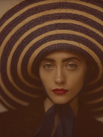 Portrait of a woman wearing a large striped sunhat and red lipstick styled by Anna Katsanis.