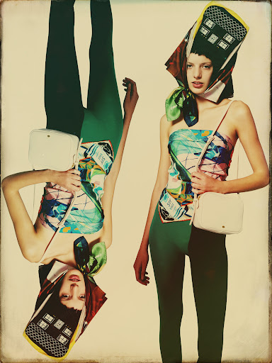 Two models styled by Anna Katsanis wearing printed tops and patterned headscarves against a plain background