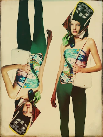 Two models styled by Anna Katsanis wearing printed tops and patterned headscarves against a plain background