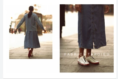 Two panel fashion spread featuring a woman in denim skirt walking outdoors and a close-up of white sneakers by Fabrice Tardieu