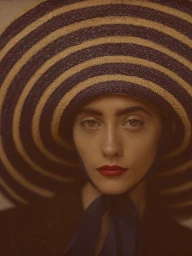 Portrait of a woman wearing a large striped sunhat and red lipstick styled by Anna Katsanis.