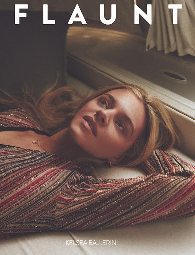 Editorial portrait of Kelsea Ballerini lying down in a sparkly top, shot at eye-level with text overlay reading FLAUNT and her name.