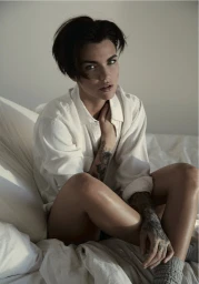 Ruby Rose with dark short hair wearing a white collared shirt and grey socks seated on a bed with white pillows.