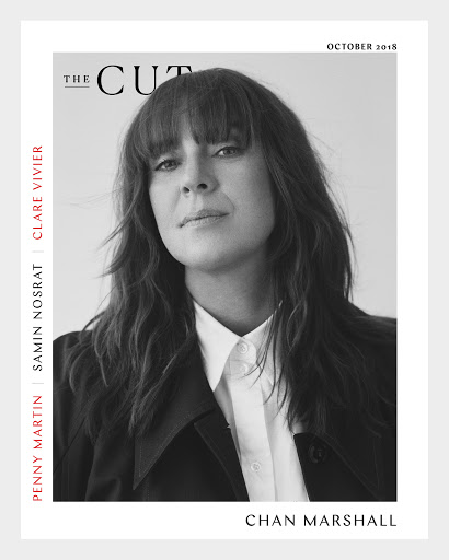 Black and white magazine cover featuring Chan Marshall with black coat and white shirt, titled 'The Cut, October 2018'.