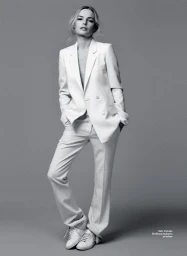 Monochrome portrait of a woman wearing a white suit jacket, matching trousers, and white trainers against a grey background.