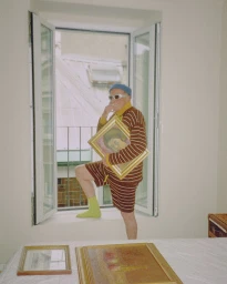 Elderly person in striped brown outfit holding framed painting by an open window