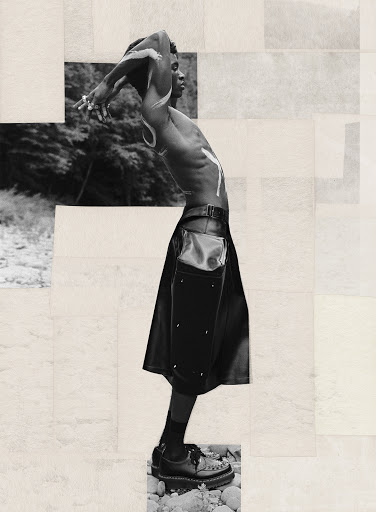Monochrome collage editorial featuring a shirtless Black man posing with painted arms against a patchwork paper background.