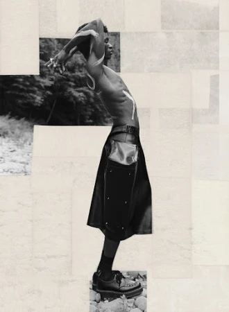 Monochrome collage editorial featuring a shirtless Black man posing with painted arms against a patchwork paper background.